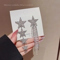 Orecchini asimmetrici in argento S925 con stelle e nappe di perle e zirconi brillanti - Frangia di Perle Asimmetrica con Stella Argento (E0343)
