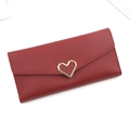 Long dark red pebbled leather women's wallet featuring a golden heart-shaped metal buckle - Long Style Heart Buckle / Red