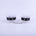 Black PU leather handcuffs with white lace trim and silver chain for role play - Leather/Lace/Metal / White Leg Cuffs