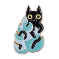 Cute black cat enamel pin badge with teal leaf design and gold plating - Black Cat Hugging Blue-Green Leaf