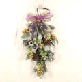 Christmas teardrop swag with purple bow, pine cones and golden berries on pine needles - Without Lights / White Flocked PE Gold Berry Swag