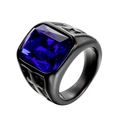 Retro punk men's black stainless steel ring with a large square blue gemstone - Black/Blue Zirconia