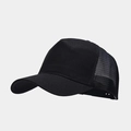 Close-up of black trucker hat with breathable mesh back and solid fabric panel - Adjustable / Black