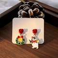 Detail of Christmas earrings featuring a festive green wreath and a cute white penguin - E5947-5 Rose Wreath Penguin