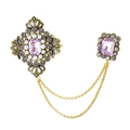 Vintage gold brooch pin with lavender crystal, white pearls and double hanging chains - TL25051-Purple-Antique Gold