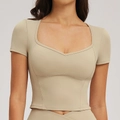 Slim fit beige yoga crop top with square neckline and supportive seam detail - Light Camel