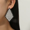 Elegant oversized geometric diamond earrings with black and silver rhinestones for women - Silver Black Frame Rhombus Rhinestone