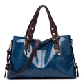 Blue brown leather shoulder handbag large capacity commuter women crossbody tote bag - Dark Blue
