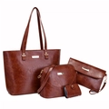 Close-up of brown PU leather 4-piece tote set including crossbody, clutch, and card holder - One Size / Dark Brown