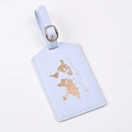 Detail of light blue PU leather luggage tag with gold world map and aircraft pattern - Light Blue