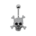 Detail of silver skull belly button ring with white cubic zirconia and black gem eyes - White