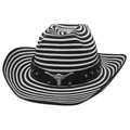 Chapeau de cowboy rayé noir et blanc en paille avec bandeau cuir et tête de taureau - Taille unique / Noir Blanc + Corde à Vent [Cuir Noir Taureau Blanc]