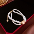 Double-layer pearl bracelet featuring square cat-eye stone and heart charm pendant - 16# Bracelet-Gold-White