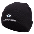Black knit beanie featuring embroidered eye and The Art of Eye Contact slogan text - Black