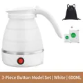 Foldable white silicone electric travel kettle 600ml set with storage bag and descaler - Button-style 3-piece Set (white) / European Standard Plug (in Stock) 220v