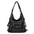 Black faux leather multi-pocket shoulder bag with soft textured finish and metal zippers - Black