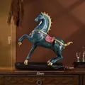 Bronze-style horse statue in blue-green finish with gold mane and red saddle, 32cm height - Success Horse Ornament-Bronze