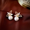 French vintage gold plated pearl earrings with sparkling floral design ear studs - 925 Sterling Silver Earring Post - Gold - White