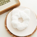 White faux fur cat ear scrunchie hair accessory with elastic band for women - White