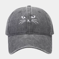 Close-up of white cat face embroidery on washed gray cotton vintage baseball cap - Style A / Gray