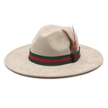 Beige wide brim fedora hat with red green striped ribbon and colorful feathers decoration - M(56-58cm) / Beige