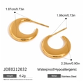 Detail view of gold crescent moon earrings showing dimensions and waterproof features - Golden Crescent Style (JDE0212032)