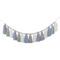 Bohemian wood bead garland with blue, grey, and white cotton tassels for home decor - Grey Blue 15 Tassels 200cm
