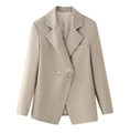 Detailed view of beige slim fit blazer with notched lapels and gold-edged buttons - S / Khaki