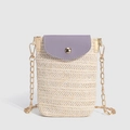 Vertical straw woven phone bag in lilac and cream with a delicate gold chain strap - Off White-Purple