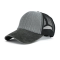 Distressed grey washed cotton trucker hat with black mesh and ponytail hole feature - Gray