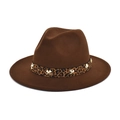 Close-up of leopard print ribbon with gold flower rivets on brown wool fedora hat - M (56-58cm) / Coffee