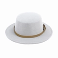 Detail view of grey wool felt boater hat featuring a brown leather belt buckle strap - Adult 58cm One Size / White