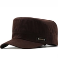 Close-up of brown military cap with SPORT leather patch and silver rivets detail - Adjustable / Coffee