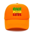 Detail of orange trucker hat with One Love print and breathable mesh back panel - M (56-58cm) / Orange