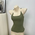 Slim fit army green ribbed knit camisole with transparent straps on a mannequin - XS / Bean Green
