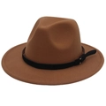Detail of a brown wool fedora hat featuring a slim black leather band with a gold buckle - Khaki