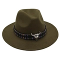 Close-up of olive green wool fedora hat featuring ethnic woven band and silver bull head charm - Army Green (Colored Steer)