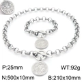 Chunky stainless steel St. Benedict medal necklace and bracelet set with toggle clasp - Steel Color Jewelry Set