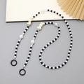 Crossbody beaded phone strap with black and white pearls and cute white rabbit accents - K2267 Black Rabbit Crossbody Chain