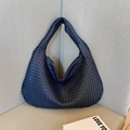 Navy blue woven leather hobo shoulder bag with a stylish minimalist crescent shape - Navy Blue