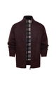 Slim fit burgundy knit cardigan for men with stand collar and warm fleece check lining - M / Burgundy