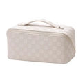 White checkered PU leather cosmetic bag with top handle and secure zipper closure - White