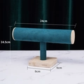 Bamboo wood T-bar jewelry display stand with peacock green velvet finish for watches - Bamboo Dark Green Velvet
