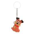 Close-up of orange PVC forest animal dog keychain with red collar and bone charm - Dog Keychain