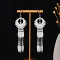 Bohemian long tassel earrings in silver finish with leaf pendants and ethnic engravings - Ethnic Hollow Leaf Tassel E1276-1