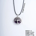 Tree of Life necklace with purple natural stone pendant and black cord strap - White K - Amethyst