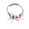 Detail of silver beaded bracelet with pink elephant and star charms on steel wire - Pink