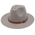 British style grey cashmere fedora with brown leather belt and gold buckle on white background - M (56-58cm) / Light Gray