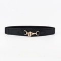 Elegant black elastic waist belt with interlocking gold buckle and faux leather accents - 19507 / Black