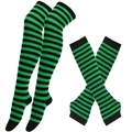 Green and black striped over-knee socks and arm warmer set for Halloween cosplay - One Size / Green & Black Thin Stripes
